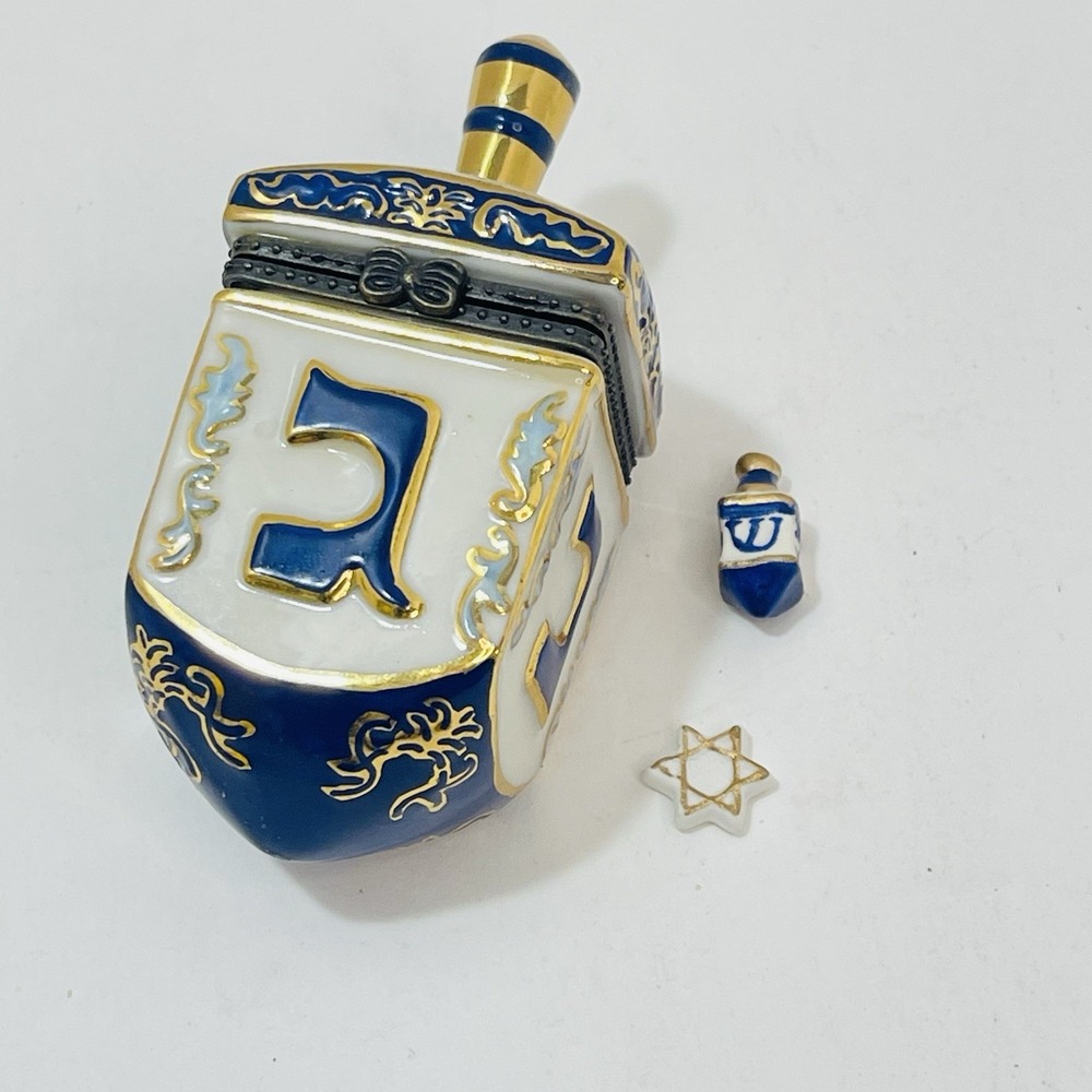 Porcelain Hinged Trinket Box Jewish Hanukkah Blue Gold Dreidel w/ Trinkets Star